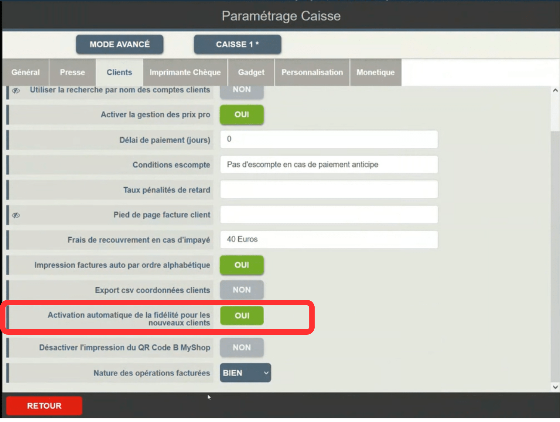 Un nouveau paramètre en caisse permet d'activer automatiquement la fidélité pour les nouveaux comptes clients