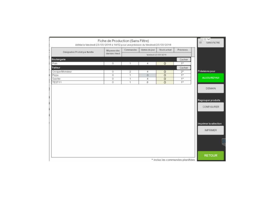 Basée sur vos ventes réelles et vos commandes prévues, la fiche de production génère automatiquement un plan de fabrication fiable pour la journée ou le lendemain.