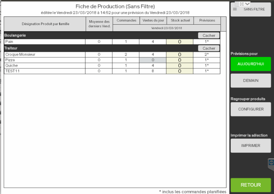 La fiche de production calcule automatiquement les quantités à produire en s’appuyant sur : la moyenne des ventes du même jour de la semaine, les commandes clients prévues, les ventes déjà réalisées, votre stock actuel (si renseigné)