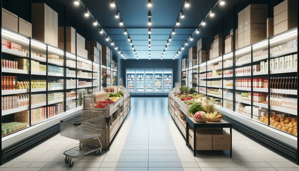 Intérieur d'une épicerie avec mobilier moderne et fonctionnel.