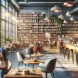 Intérieur accueillant d'une librairie-café avec clients lisant et dégustant du café