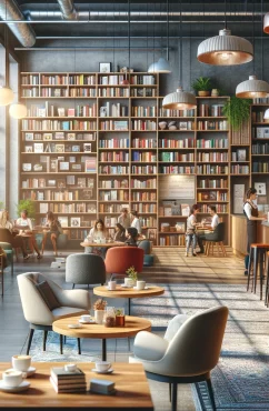 Intérieur accueillant d'une librairie-café avec clients lisant et dégustant du café