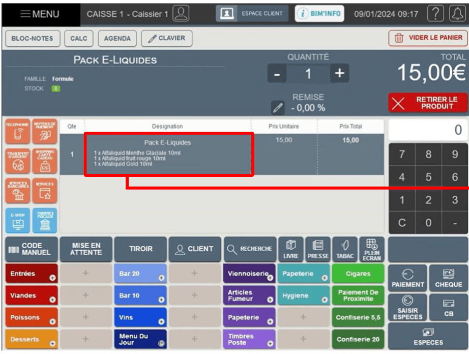 Produit au panier pour la gestion des formules promotionnelles dans le mode pack réduit dans le logiciel de caisse