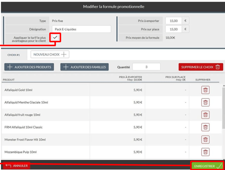 Appliquer le tarif avantageux pour le client dans la gestion des formules promotionnelles en mode menu sur le logiciel de caisse