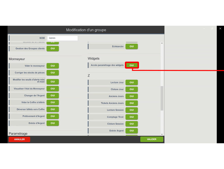 Cliquer pour enlever l'affichage des widgets dans le paramétrage par le gérant dans son logiciel de caisse Bimedia