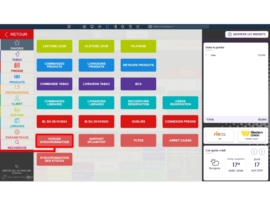 Forcer la synchronisation de la caisse pour valider les paramétrages des widgets par le gérant dans son logiciel de caisse Bimedia
