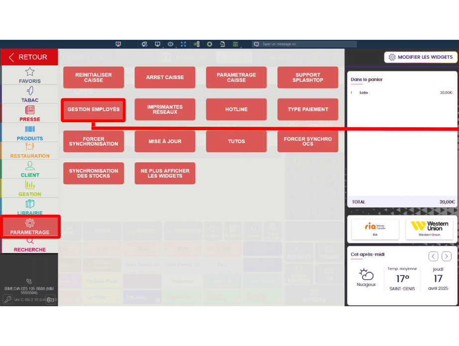 Aller dans la gestion employé pour paramétrer les widgets par le gérant dans le logiciel de caisse