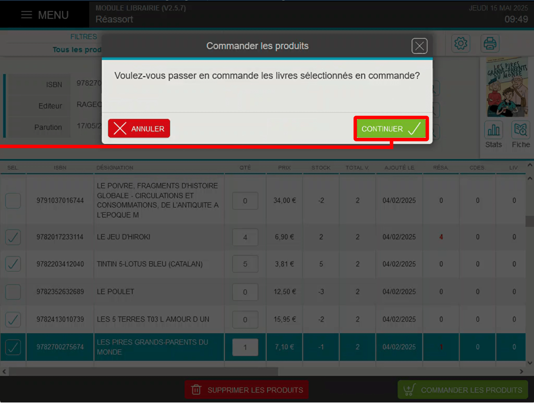 Ajout à une nouvelle commande ou une commande existante grâce au réassort de son module librairie de son logiciel de caisse Bimedia