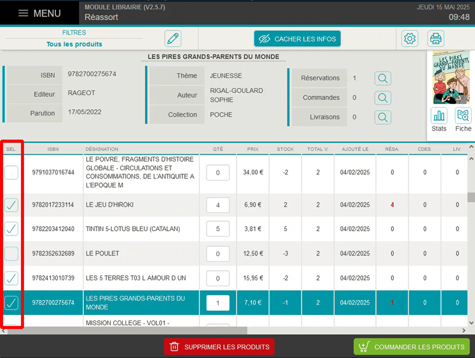 Cocher les articles que vous voulez commander de son réassort du module librairie de son logiciel de caisse Bimedia