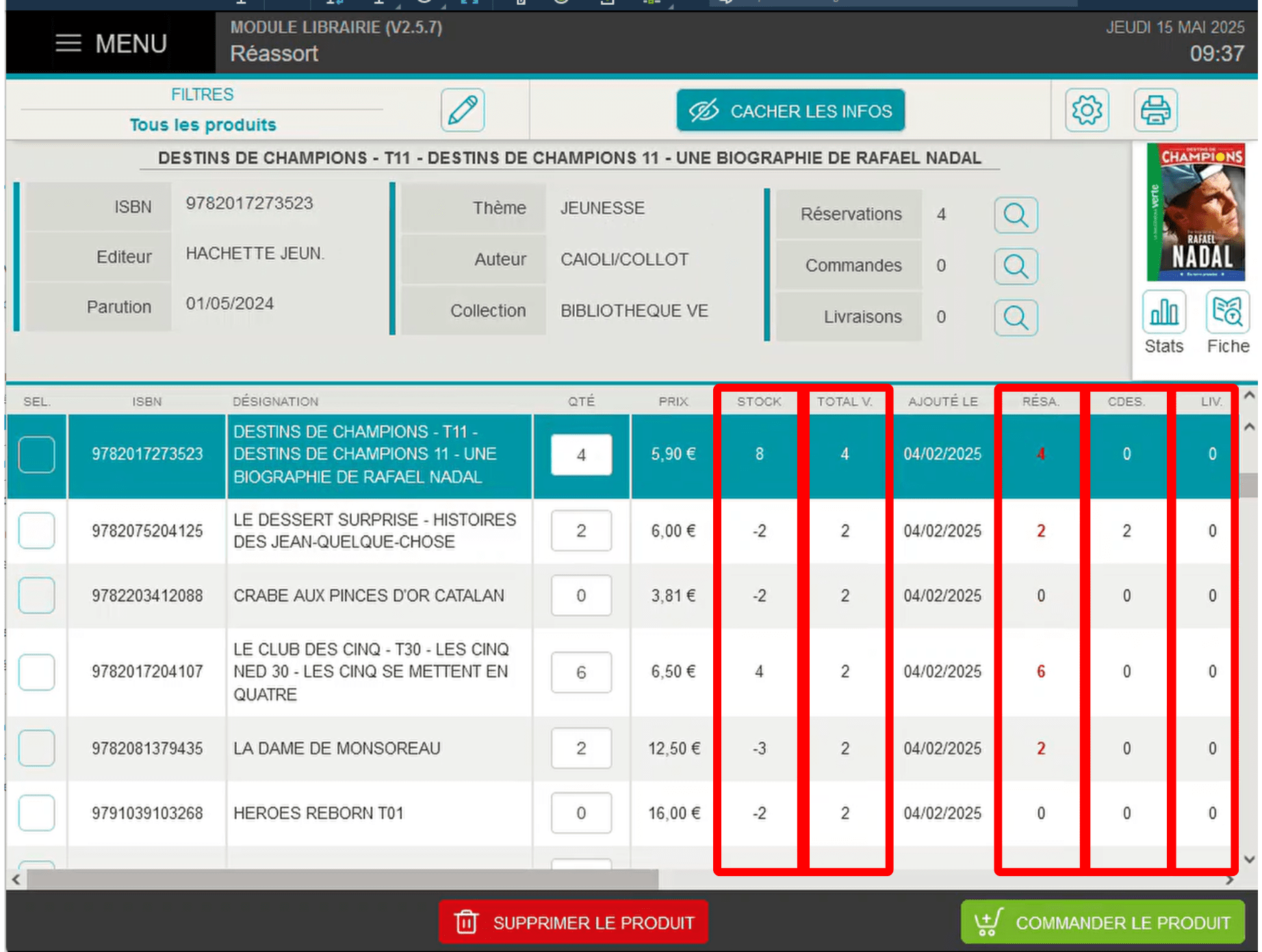 Tableau réassort du module librairie avec le stock, les ventes, les livraisons et les commandes dans son logiciel de caisse Bimedia