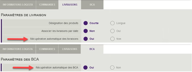 Les livraisons Logista et les BCA sont récupérés automatiquement et peuvent être désactivées dans les paramètres