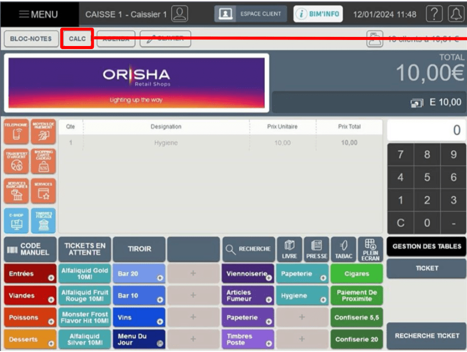 Sélectionnez le bouton "CALC" de votre logiciel de caisse Bimedia