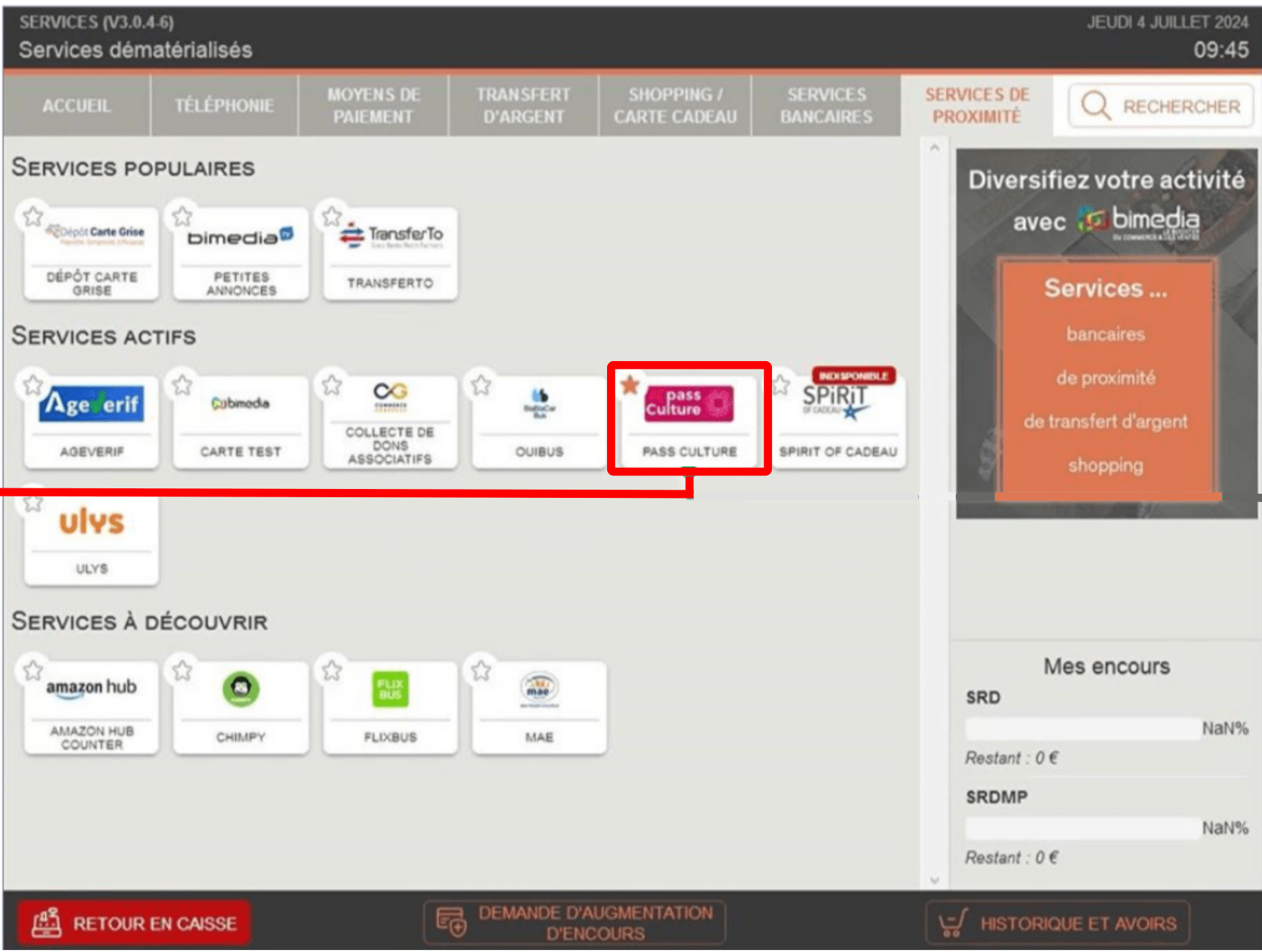 Dans l'onglet services de proximité, sélectionnez le service Pass Culture