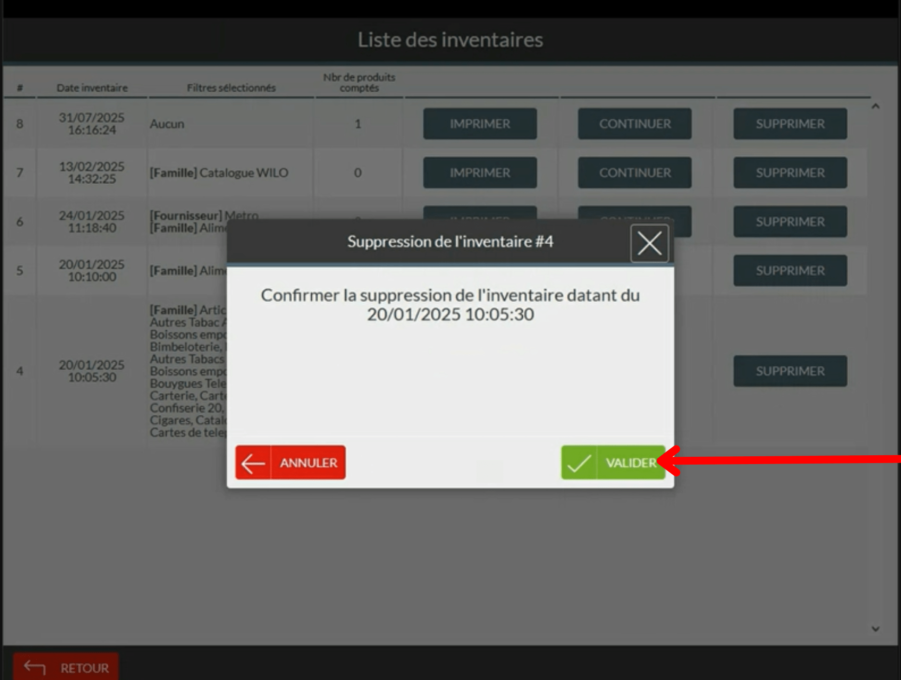 Dans le cas d'un inventaire terminé, appuyez sur VALIDER pour confirmer la suppression. Les stocks déjà mis à jour ne seront pas impactés.