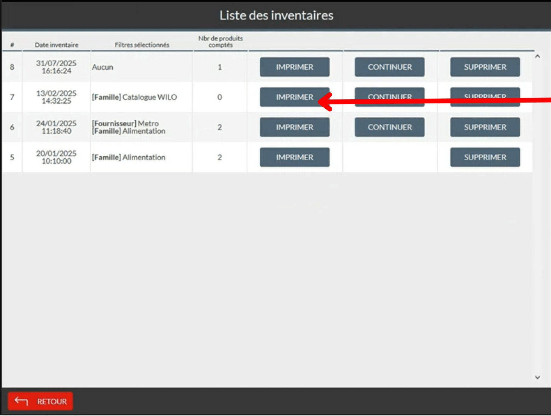 Vous avez la possibilité d'imprimer au format A4 votre inventaire. Il est également possible de télécharger l'inventaire au format .csv depuis un PC de gestion.