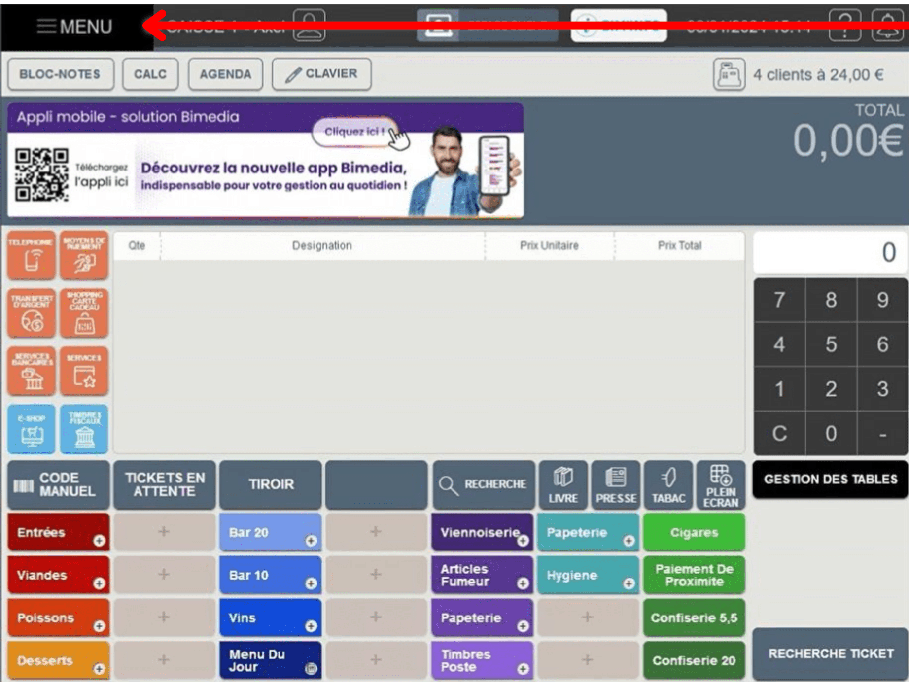 Appuyez sur "MENU" sur l'écran principal de la caisse enregistreuse