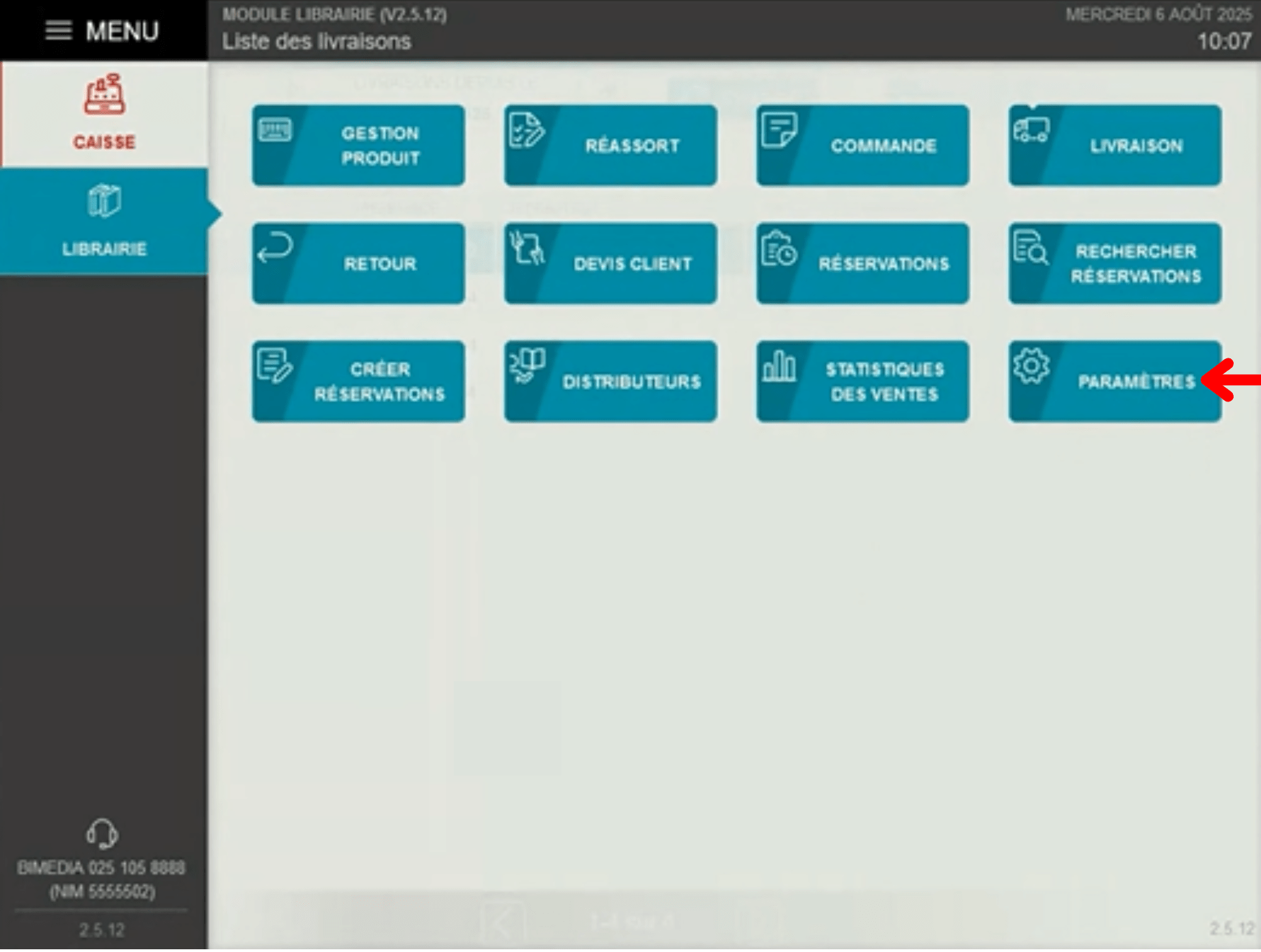 Accédez aux paramètres de votre module librairie depuis le menu de votre logiciel de caisse Bimedia