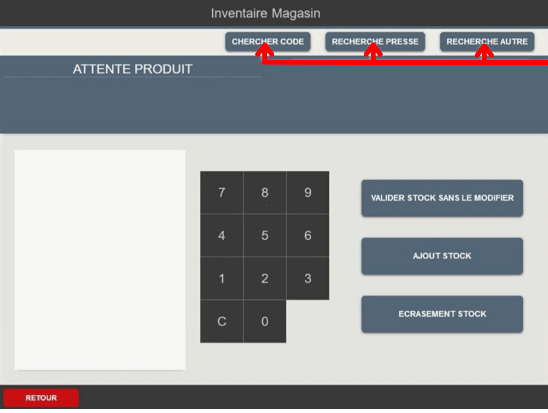 Scannez le produit sur lequel vous souhaitez modifier le stock. Si votre produit n'a pas de code-barres, vous pouvez le rechercher via les boutons de recherche dédiés.