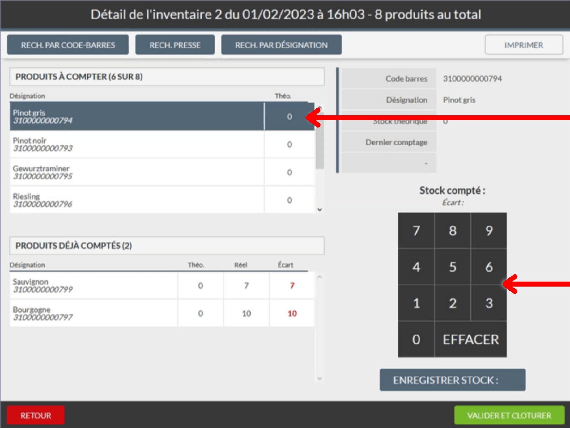 Sélectionnez ou scannez un produit, renseignez le stock à l'aide du pavé numérique puis appuyez sur "ENREGISTRER STOCK" pour valider et répétez cette opération pour tous les produits à compter.