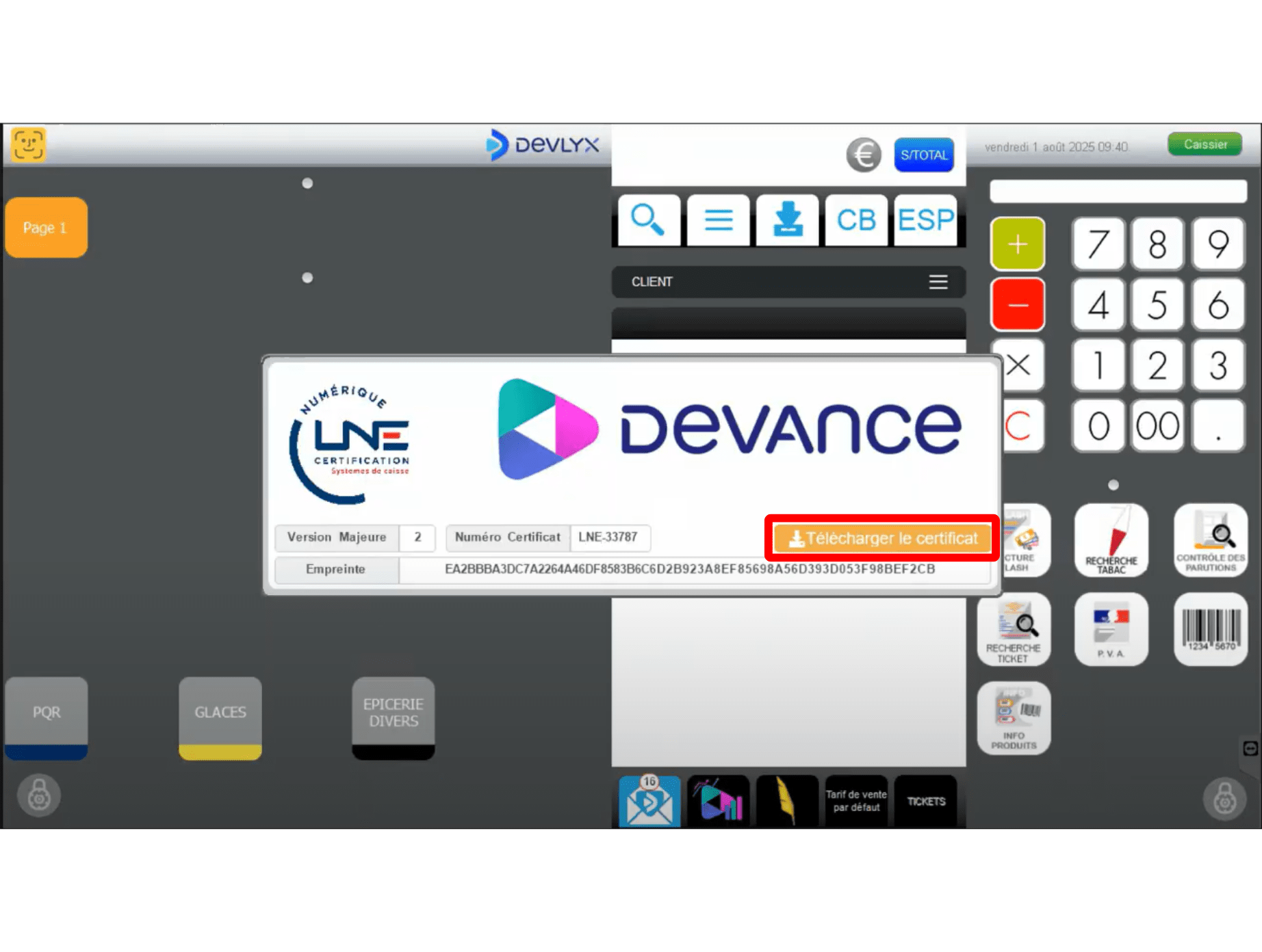 Téléchargez le certificat en cliquant directement sur le bouton de votre caisse Devance