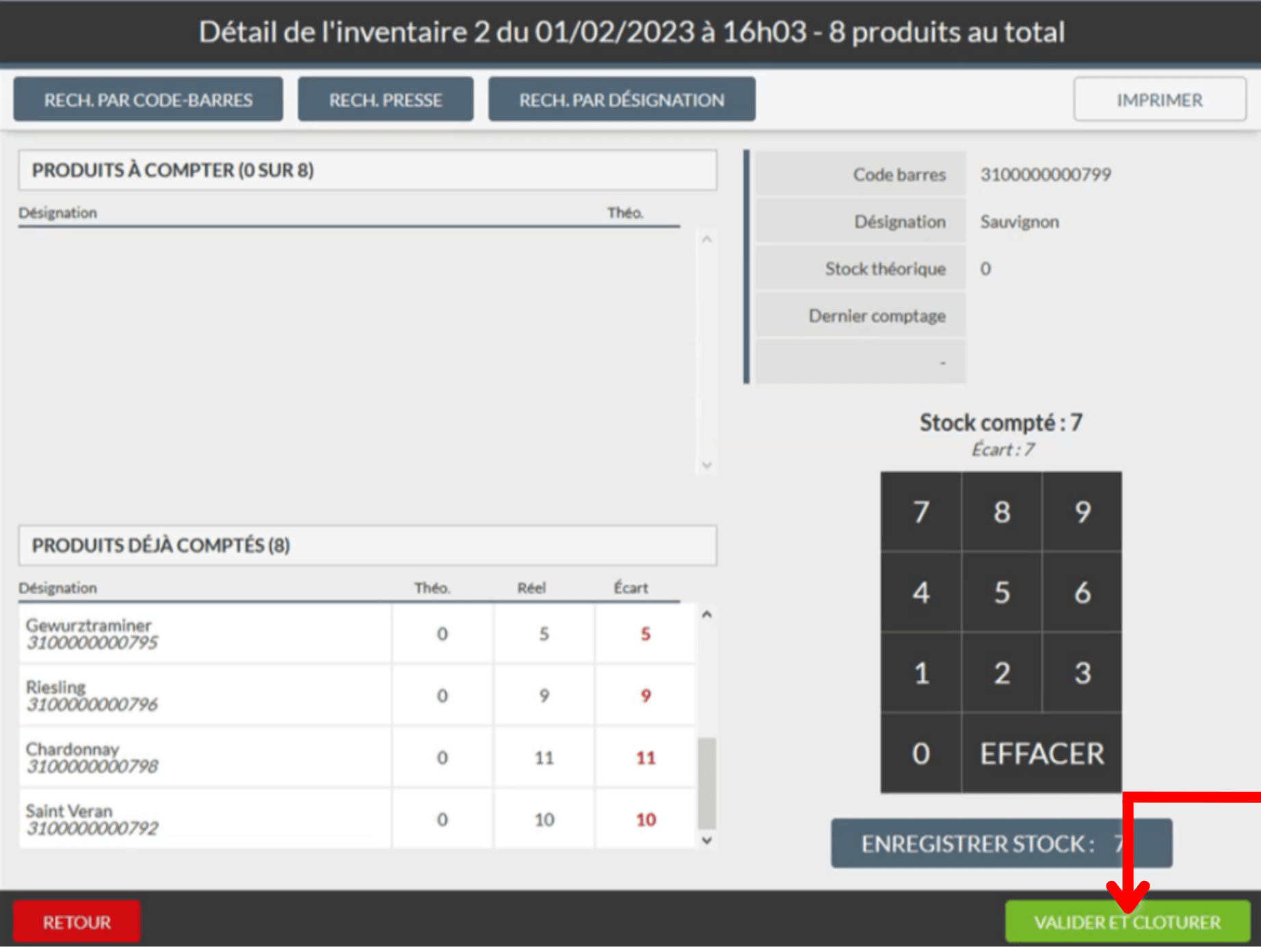 Dès que vous avez terminé votre inventaire, appuyez sur "VALIDER ET CLÔTURER". Attention ! Cette opération est essentielle pour la mise à jour des stocks.